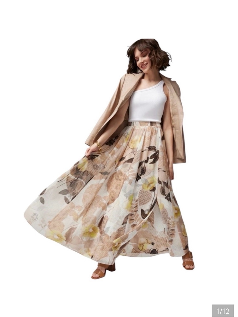 WHBM Floral Flowy Maxi Skirt in Beige Brown and Yellow Lush Garden 4